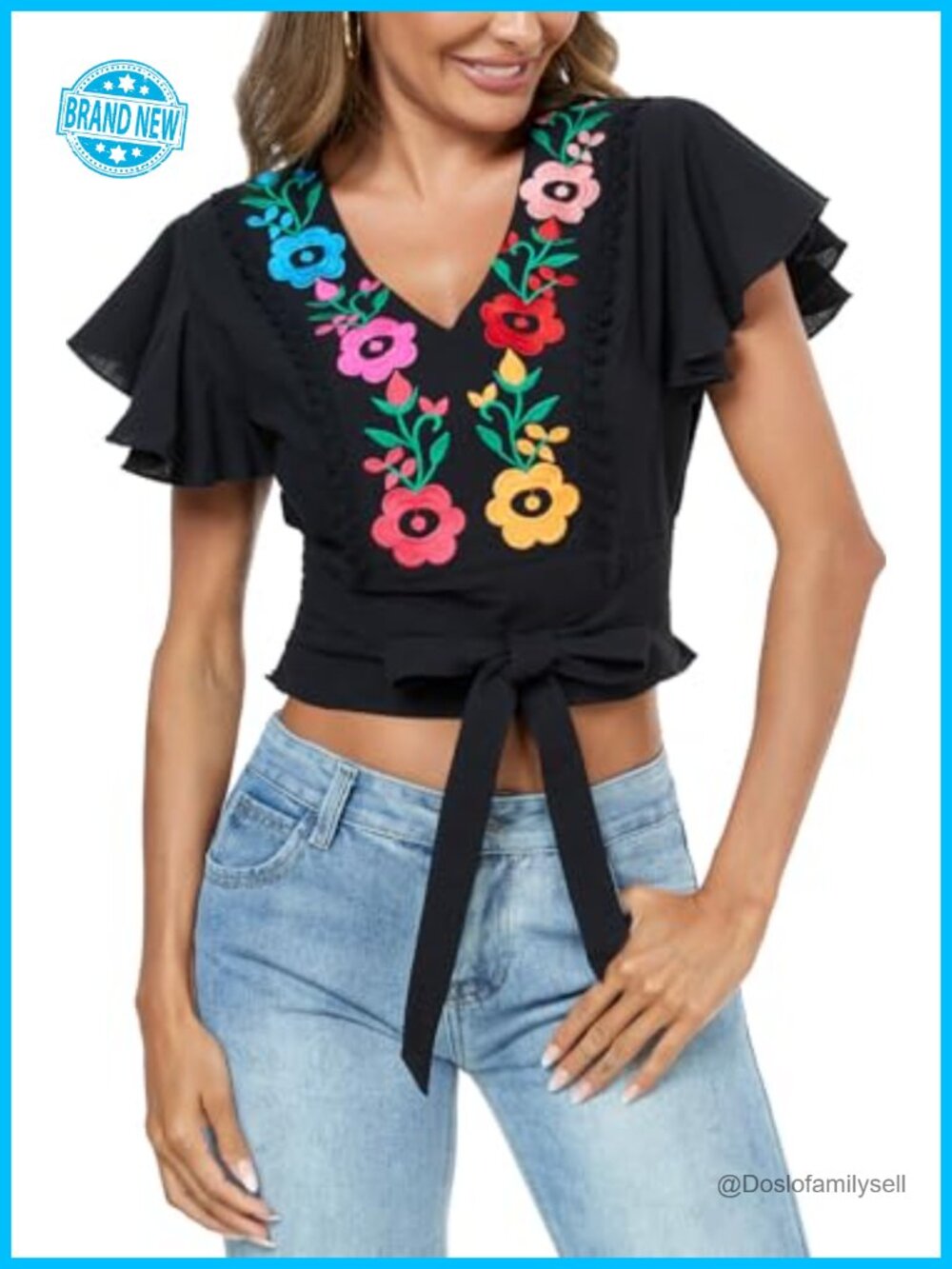 Embroidered V Neck Tie Front Crop Top Ruffle Short Sleeve Boho Peasant Blouse